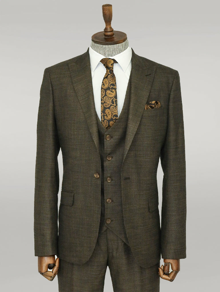 3 -Piece Single Button Peak Lapel Khaki Men Suit - Wessi