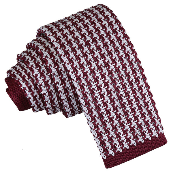 Houndstooth Knitted Skinny Tie - White and Burgundy