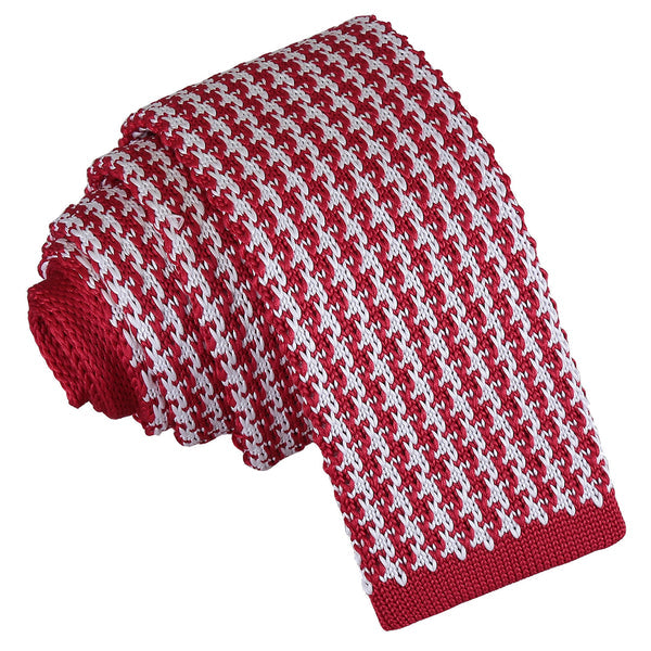 Houndstooth Knitted Skinny Tie - White and Grey