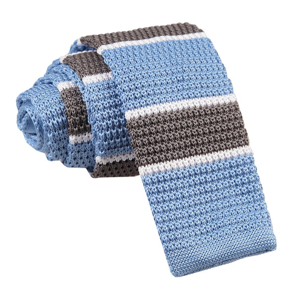 Knitted Stripe with 2 Borders Skinny Tie - Knitted Cream, Light Blue with Black Thin Stripe