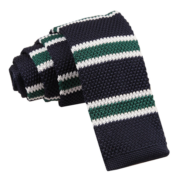 Knitted Stripe with 2 Borders Skinny Tie - Knitted Navy, Green with White Thin Stripe
