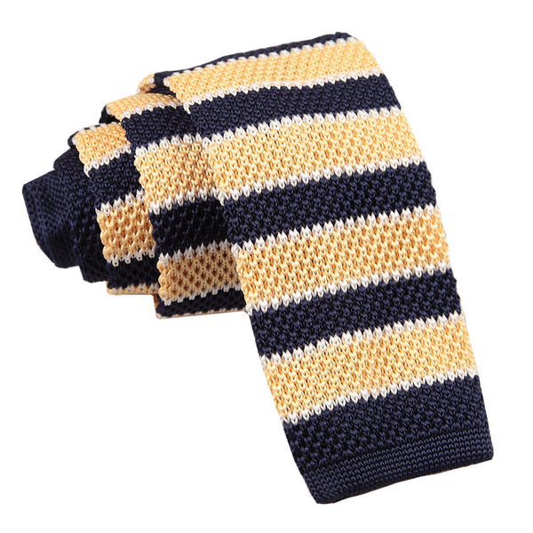 Knitted Stripe with 2 Borders Skinny Tie - Knitted Cream, Light Blue with Black Thin Stripe