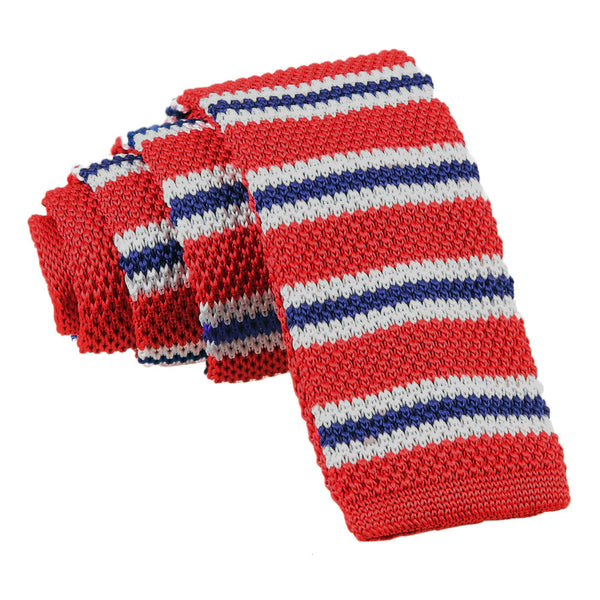 Knitted 3 Thin Stripe Skinny Tie - Knitted Silver with Red and White Thin Stripe