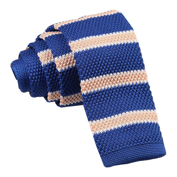 Knitted Stripe with 2 Borders Skinny Tie - Knitted Cream, Light Blue with Black Thin Stripe