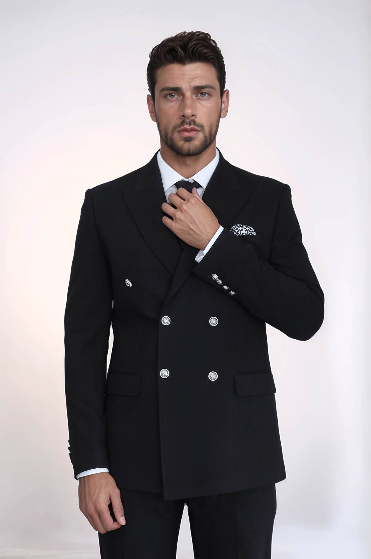 Slim Fit Double-Breasted Black Men's Suit With Silver-Tone Metal Buttons - Wessi