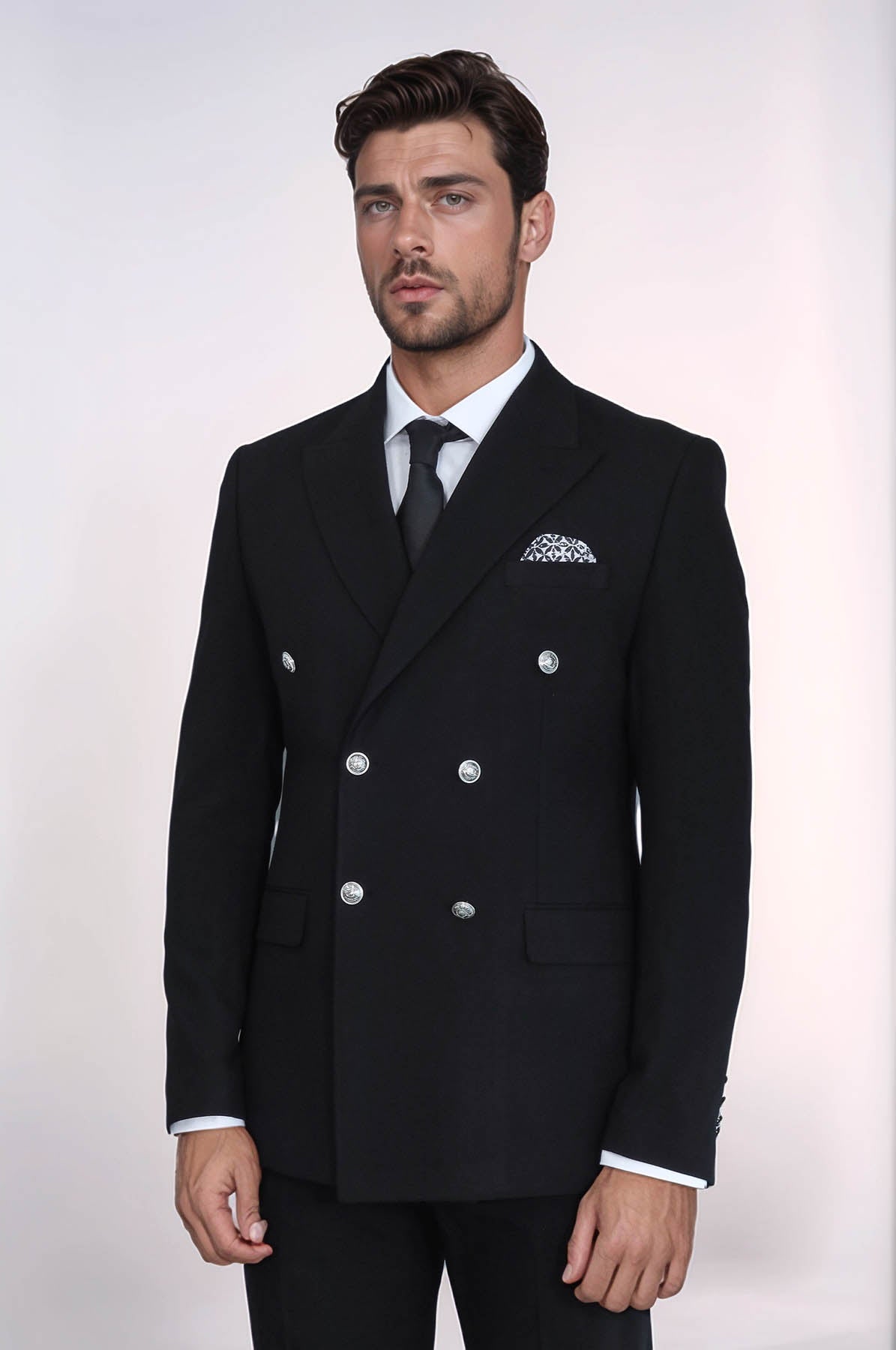 Slim Fit Double-Breasted Black Men's Suit With Silver-Tone Metal Buttons - Wessi