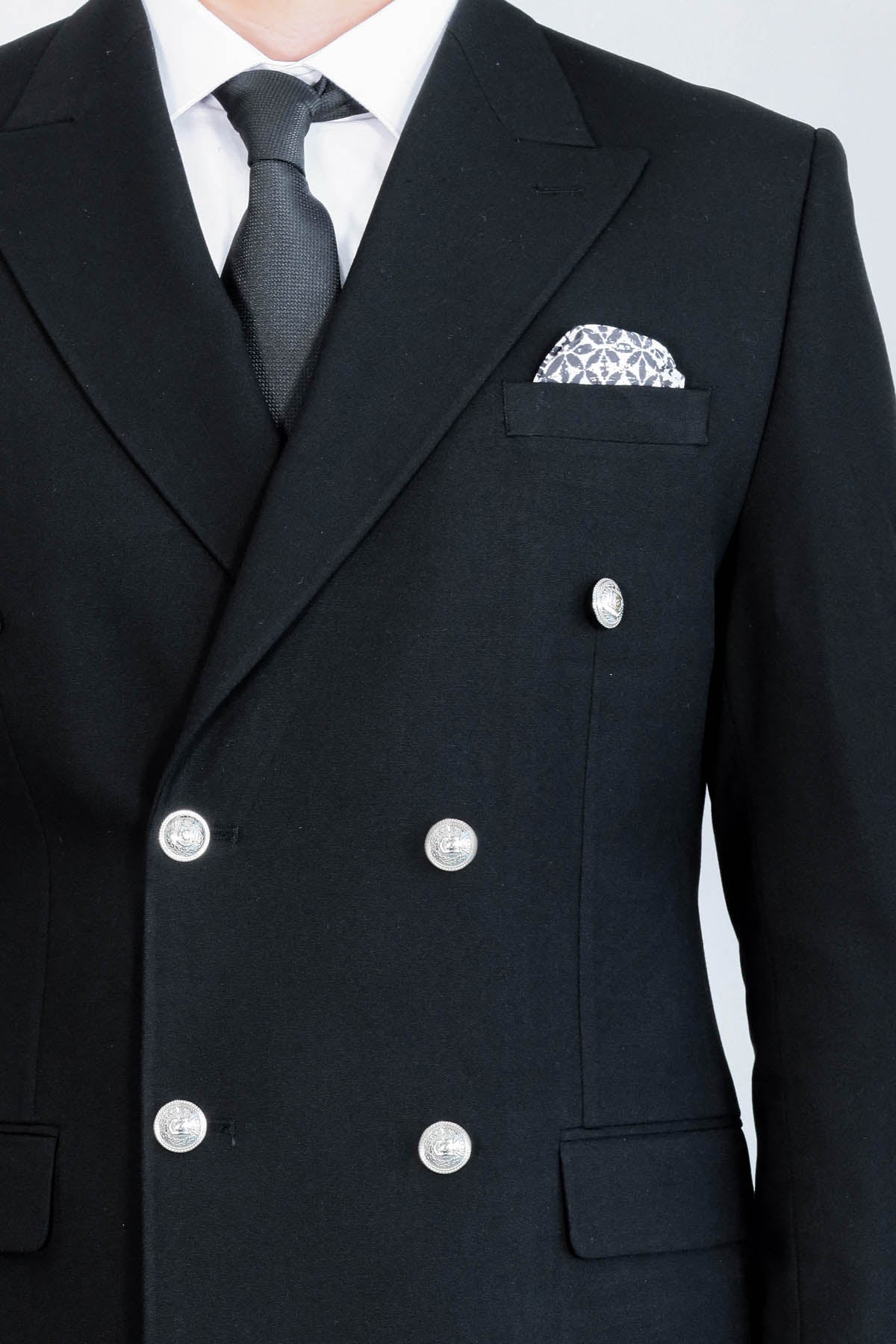 Slim Fit Double-Breasted Black Men's Suit With Silver-Tone Metal Buttons - Wessi