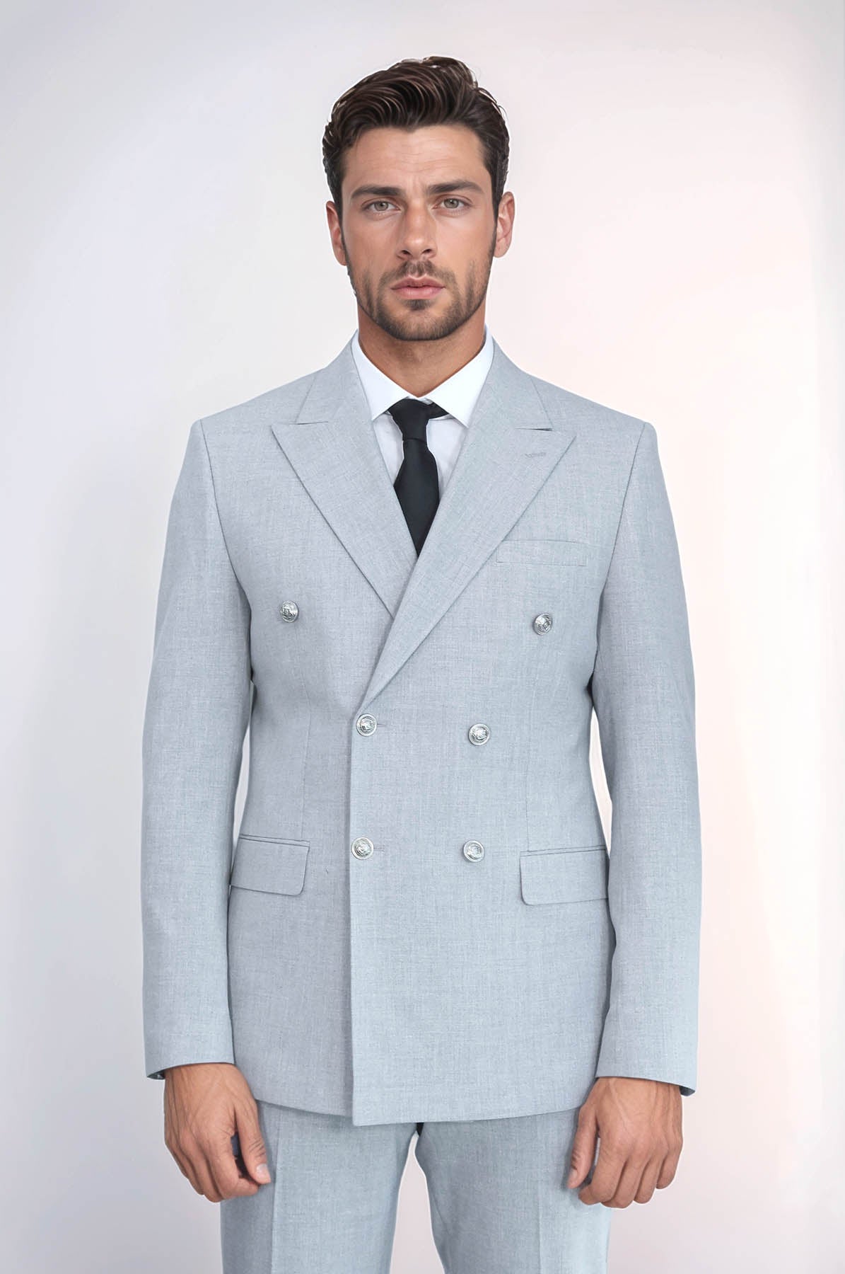Slim Fit Double-Breasted Grey Men's Suit With Silver-Tone Metal Buttons - Wessi