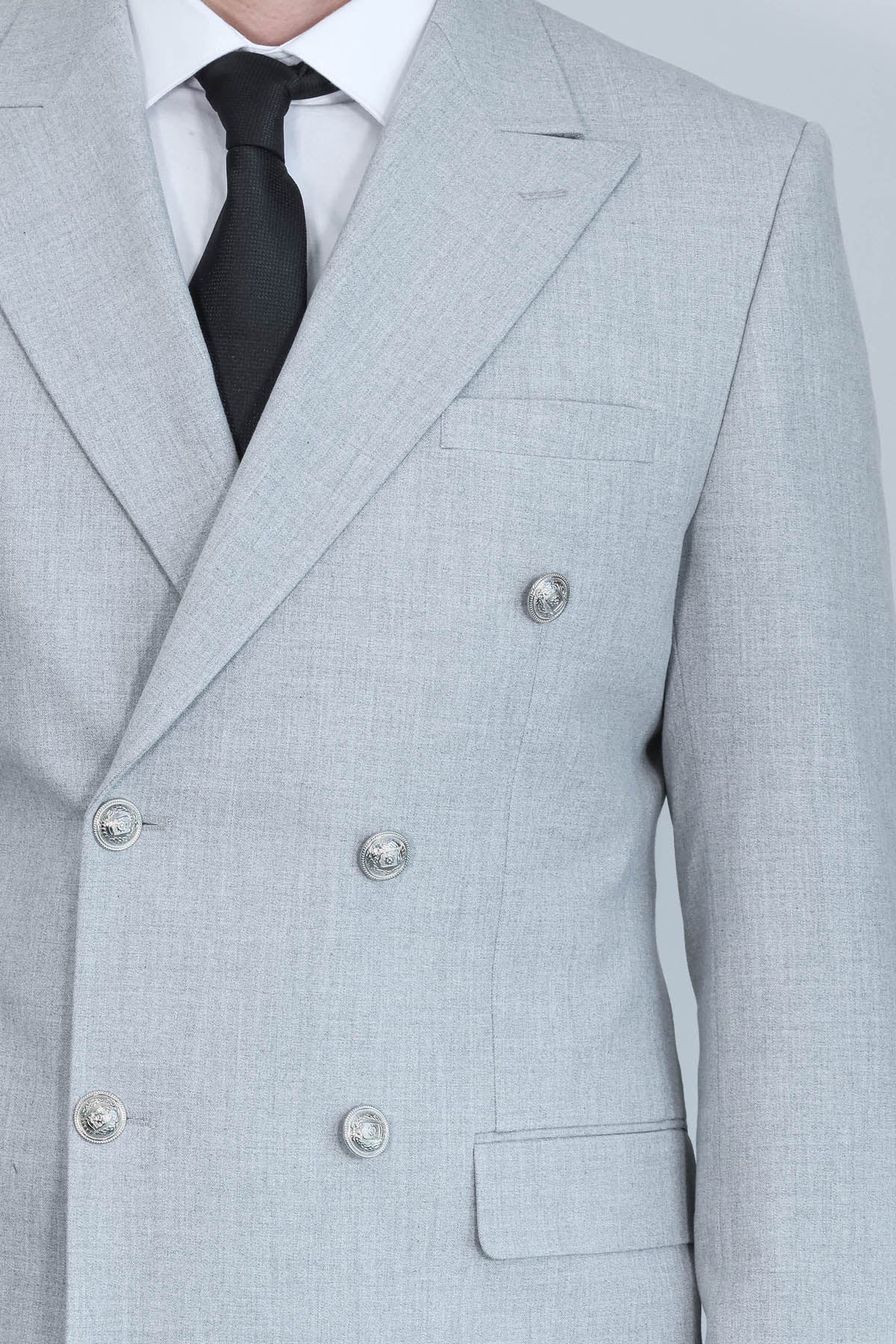 Slim Fit Double-Breasted Grey Men's Suit With Silver-Tone Metal Buttons - Wessi