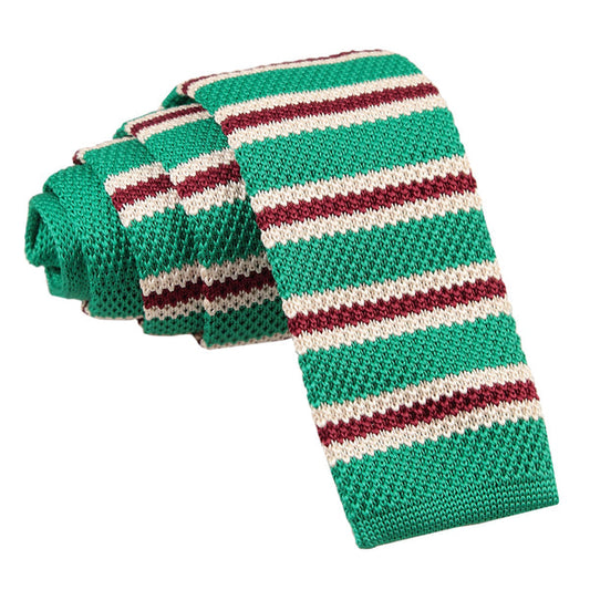 Knitted 3 Thin Stripe Skinny Tie - Knitted Silver with Red and White Thin Stripe