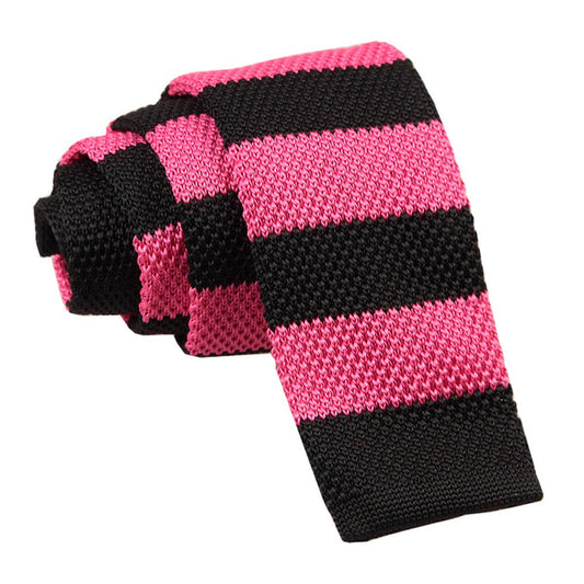 Knitted Striped Skinny Tie - Hot Pink and Black