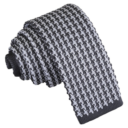Houndstooth Knitted Skinny Tie - White and Grey