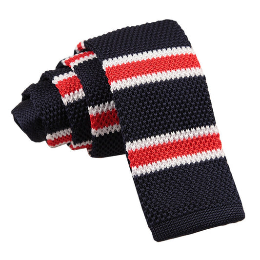 Knitted Stripe with 2 Borders Skinny Tie - Knitted Navy, Green with White Thin Stripe