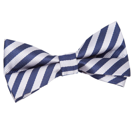 Thin Stripe Pre-Tied Bow Tie - Navy Blue and Silver