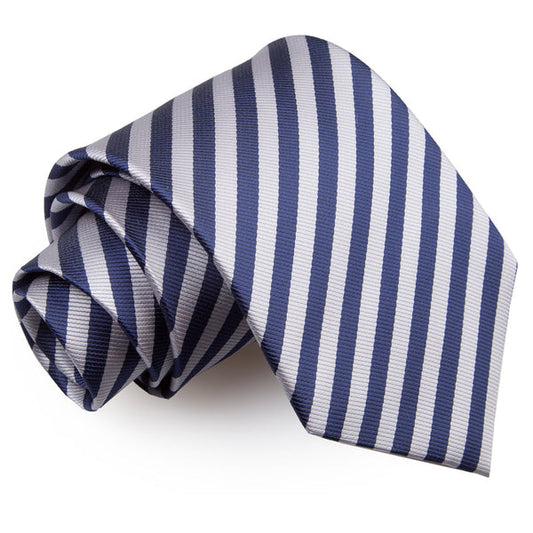Thin Stripe Classic Tie - Navy Blue and Silver