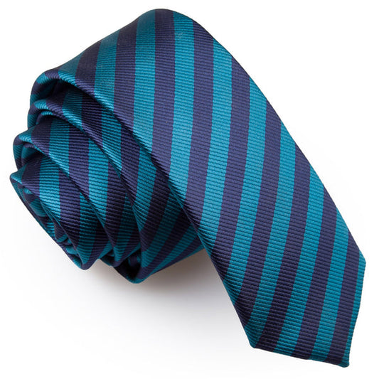 Thin Stripe Skinny Tie - Navy Blue and Teal