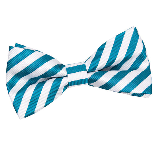Thin Stripe Pre-Tied Bow Tie - White and Teal