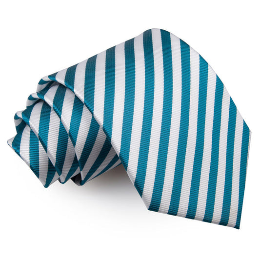 Thin Stripe Classic Tie - White and Teal
