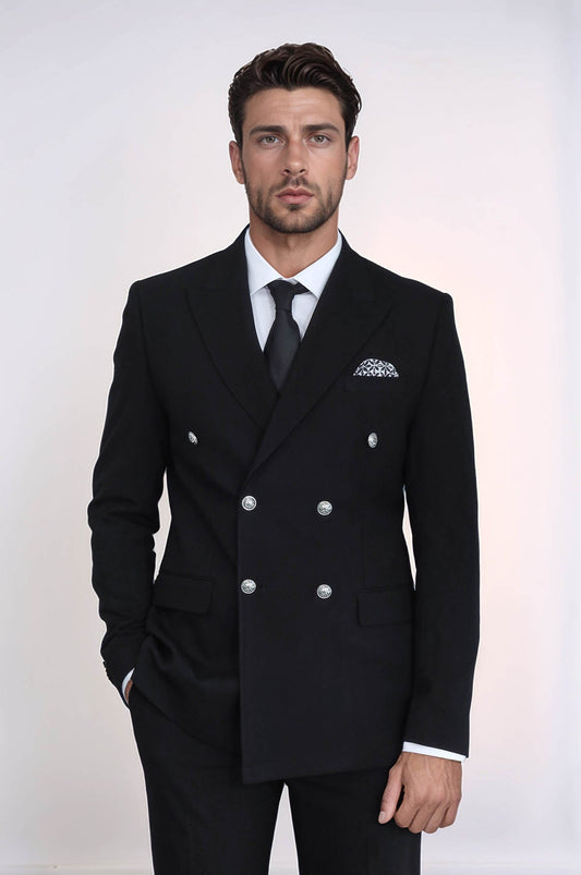 Slim Fit Double-Breasted Black Men's Suit With Silver-Tone Metal Buttons - Wessi