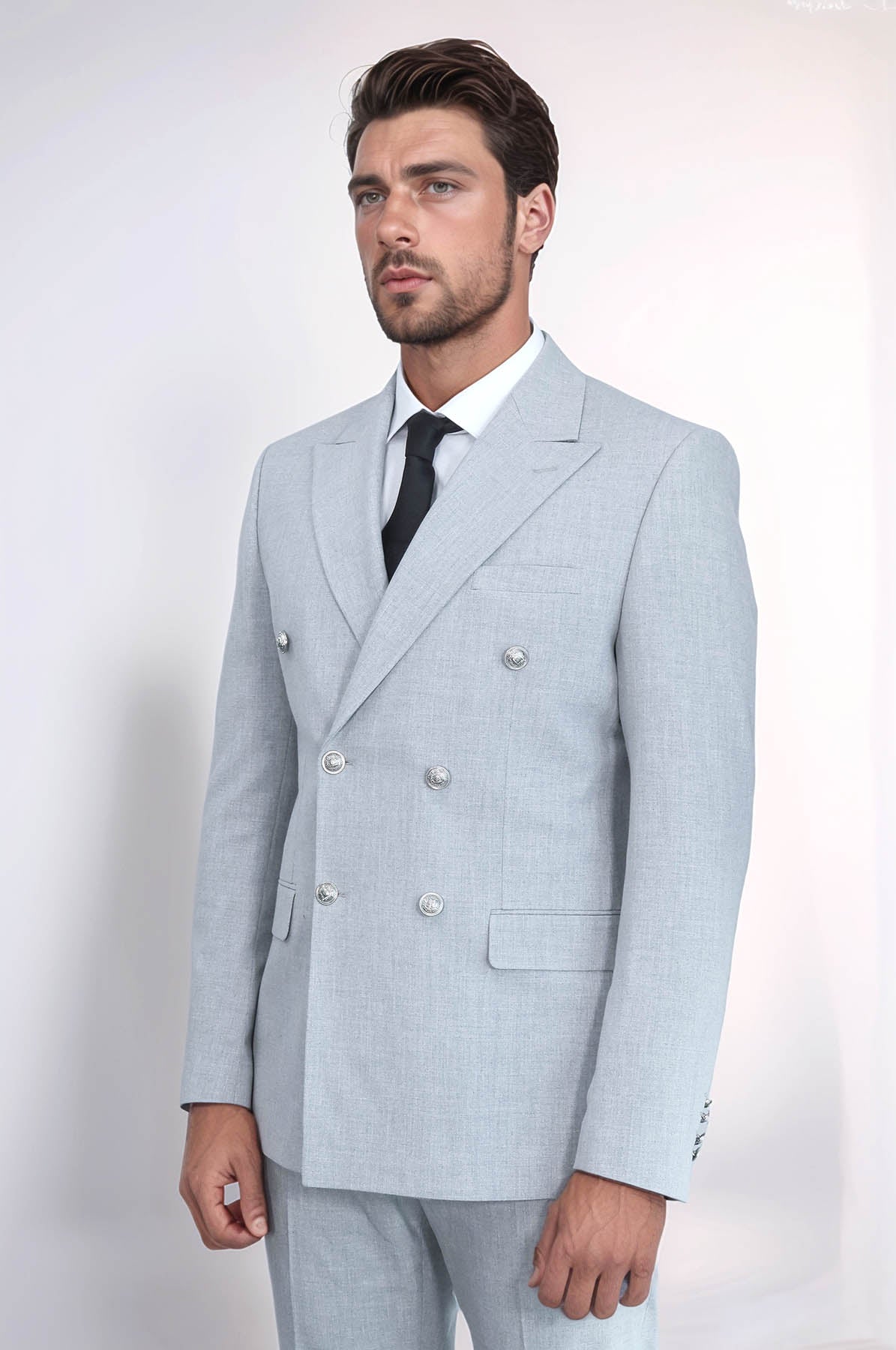 Slim Fit Double-Breasted Grey Men's Suit With Silver-Tone Metal Buttons - Wessi