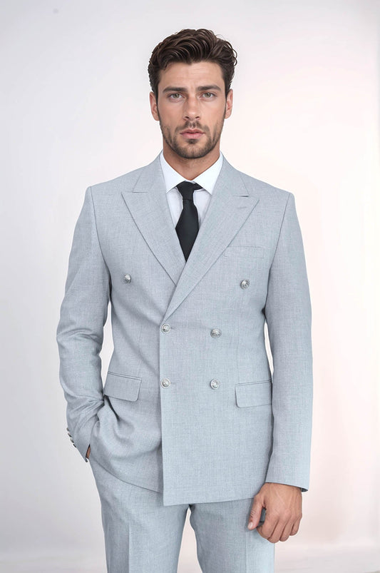 Slim Fit Double-Breasted Grey Men's Suit With Silver-Tone Metal Buttons - Wessi